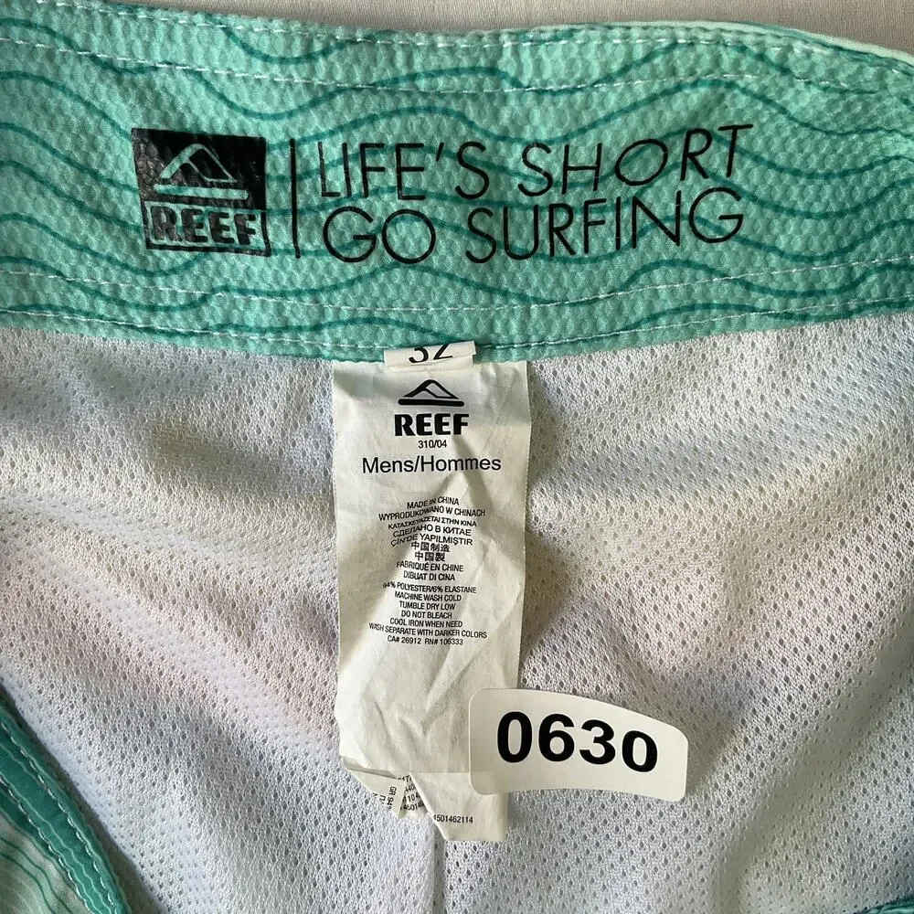 Reef Men Swimwear 32 Turquoise Board Shorts Striped Surf Shorts Logo Lined 10”